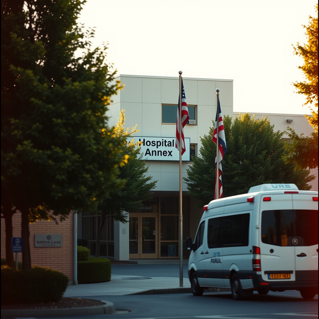 Exterior view of a small, separate hospital building with a sign and an ambulance parked outside, indicating an off-campus location.