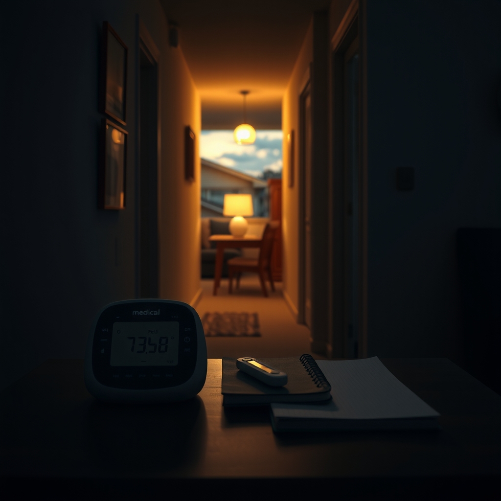 A night-time home hallway where a portable medical device sits on a bedside table, illustrating home-based health monitoring.