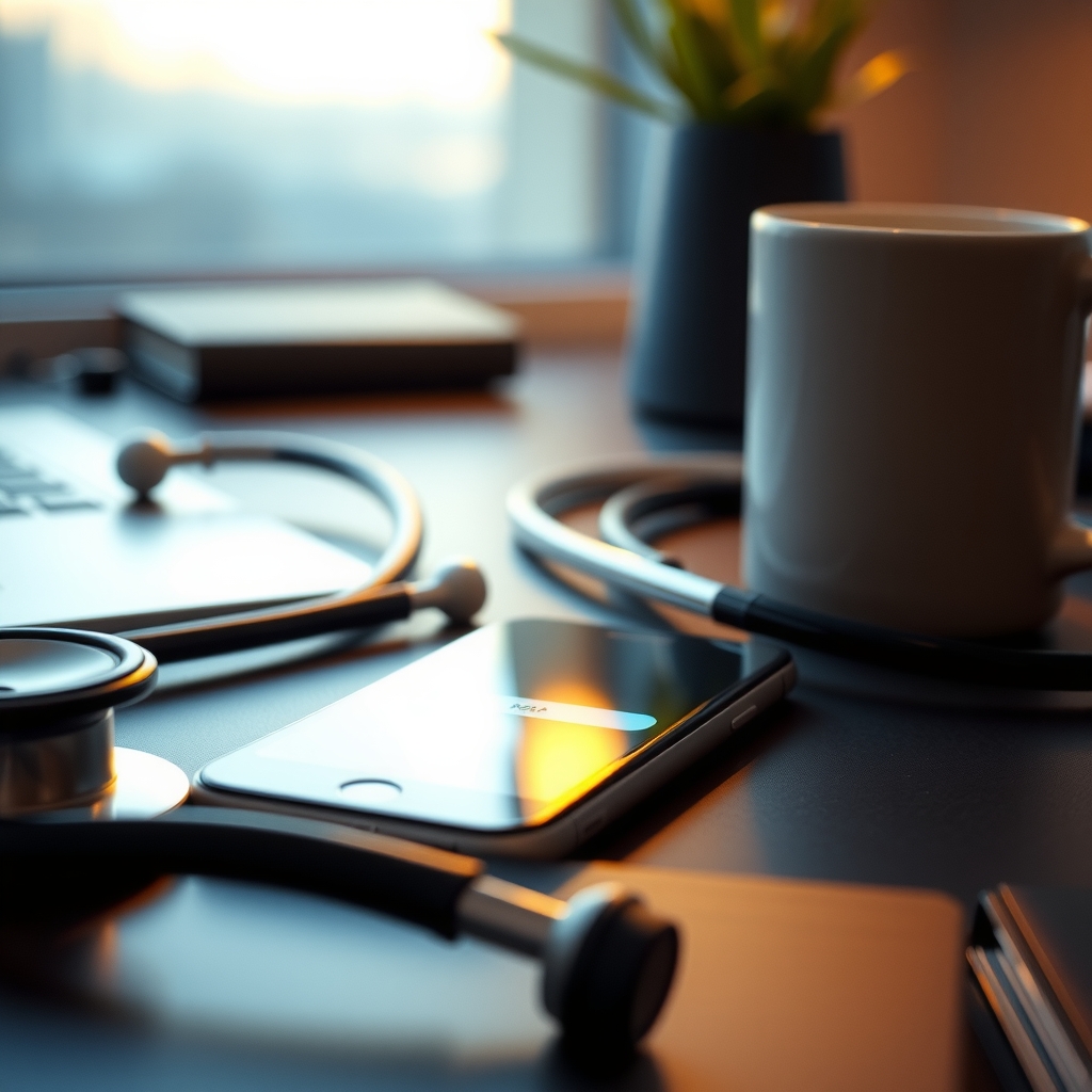 A phone displaying a chat window on a desk beside medical tools, illustrating text-based AI interaction.