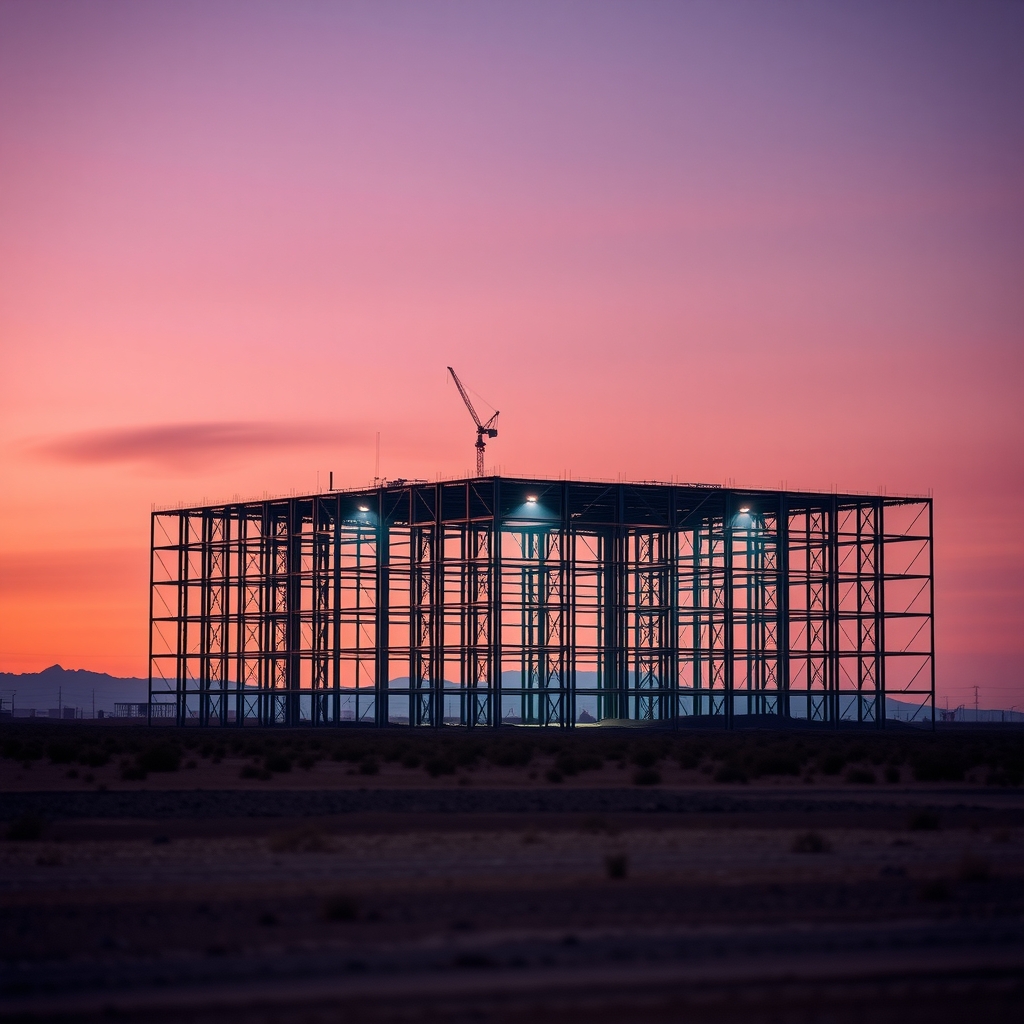 Construction site of a data center with steel frames and bright lights at sunset.